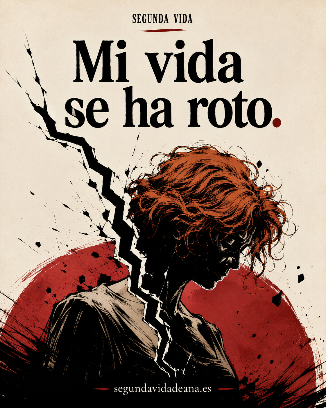 Mujer de cabello cobrizo atravesada por una grieta. Texto: Mi vida se ha roto.
