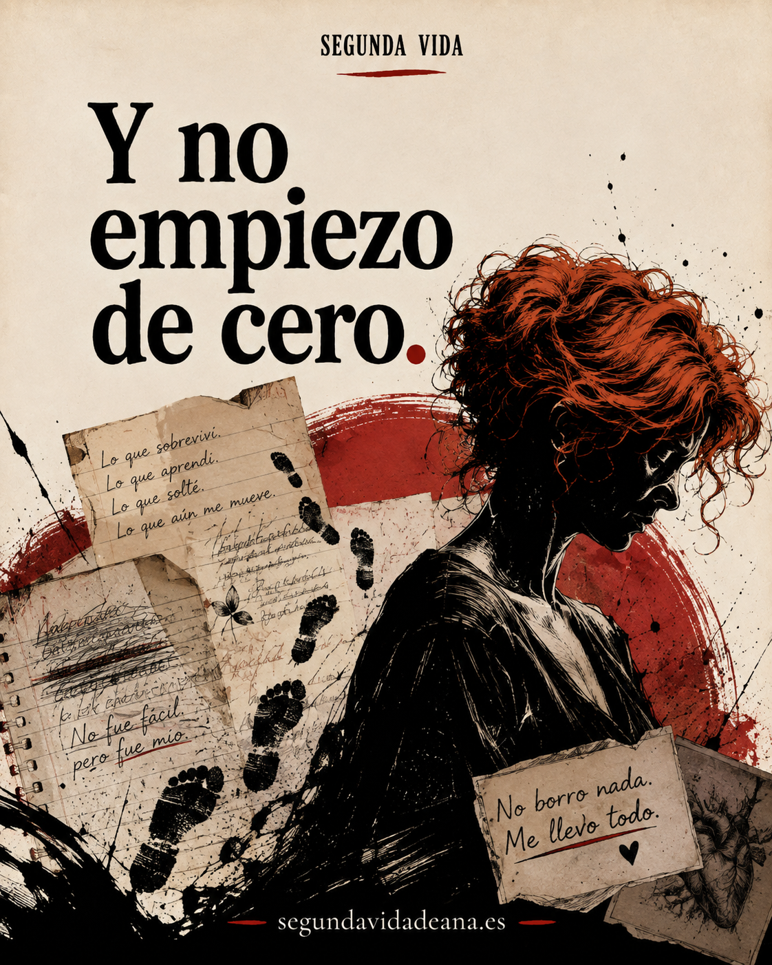 Mujer rodeada de papeles, huellas y fragmentos de escritura. Texto: Y no empiezo de cero.