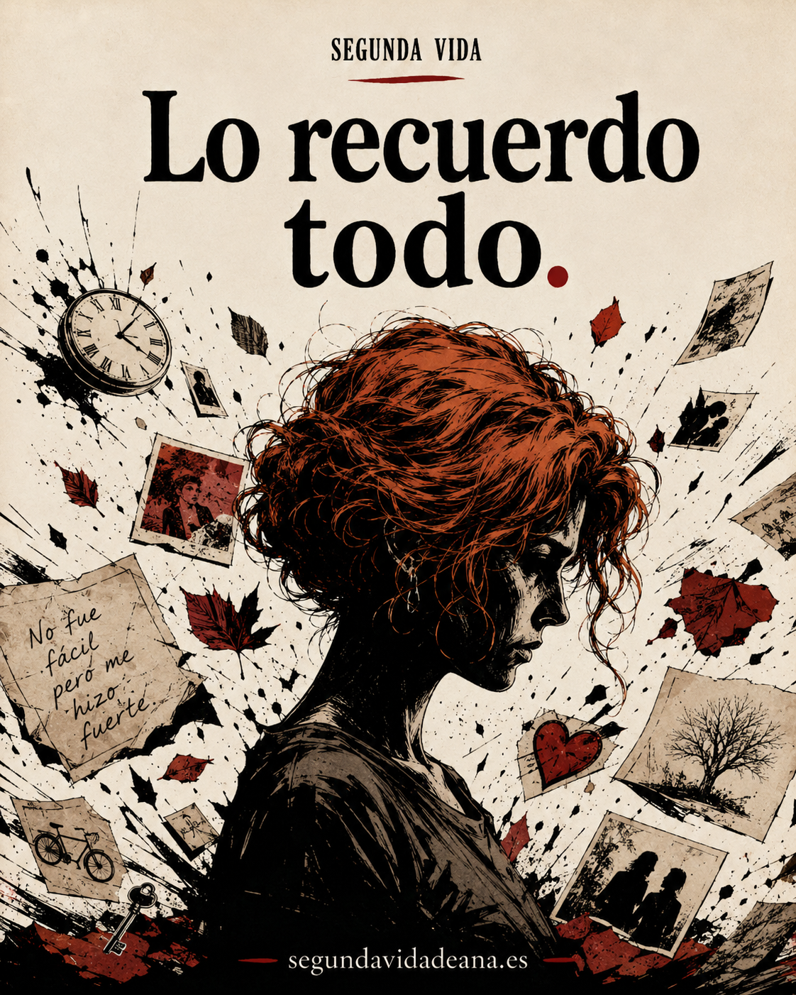 Mujer rodeada de fotografías, hojas y restos de memoria. Texto: Lo recuerdo todo.