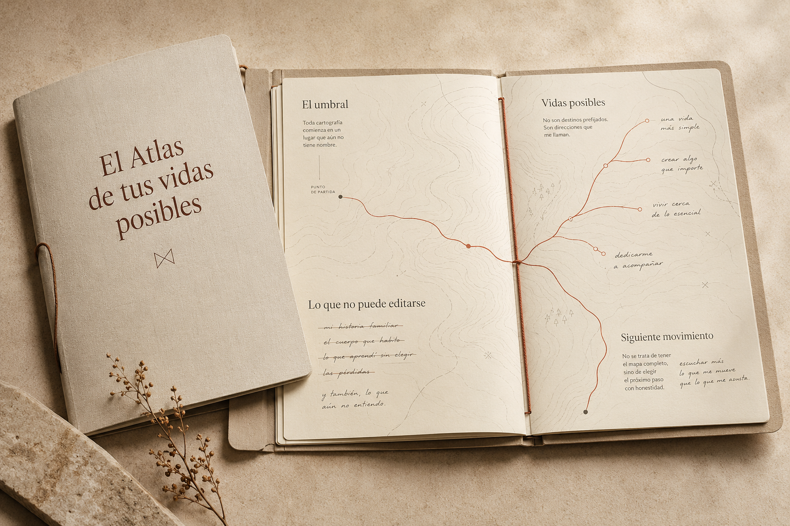 Cuaderno abierto de El Atlas de tus vidas posibles, con líneas topográficas y varias rutas que se bifurcan.