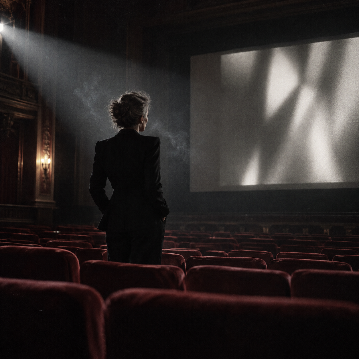Una mujer de espaldas ante la pantalla iluminada de un cine vacío. Imagen creada con IA.
