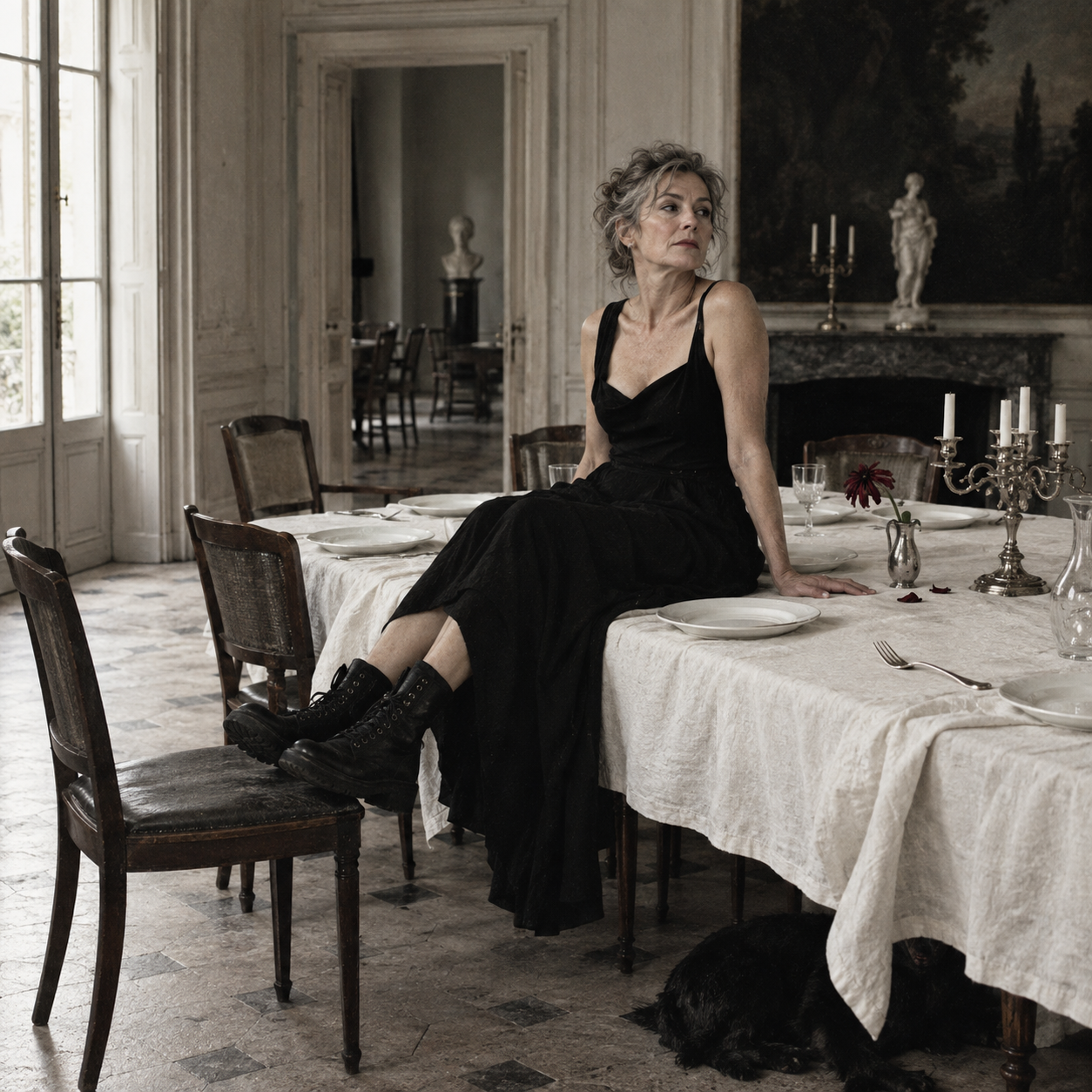 Una mujer con vestido negro y botas sentada sobre una mesa preparada. Imagen creada con IA.