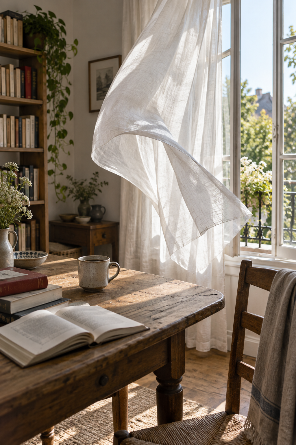 Una cortina translúcida se levanta con el aire de una ventana abierta junto a libros y una taza de café, como si la habitación empezara a bailar.