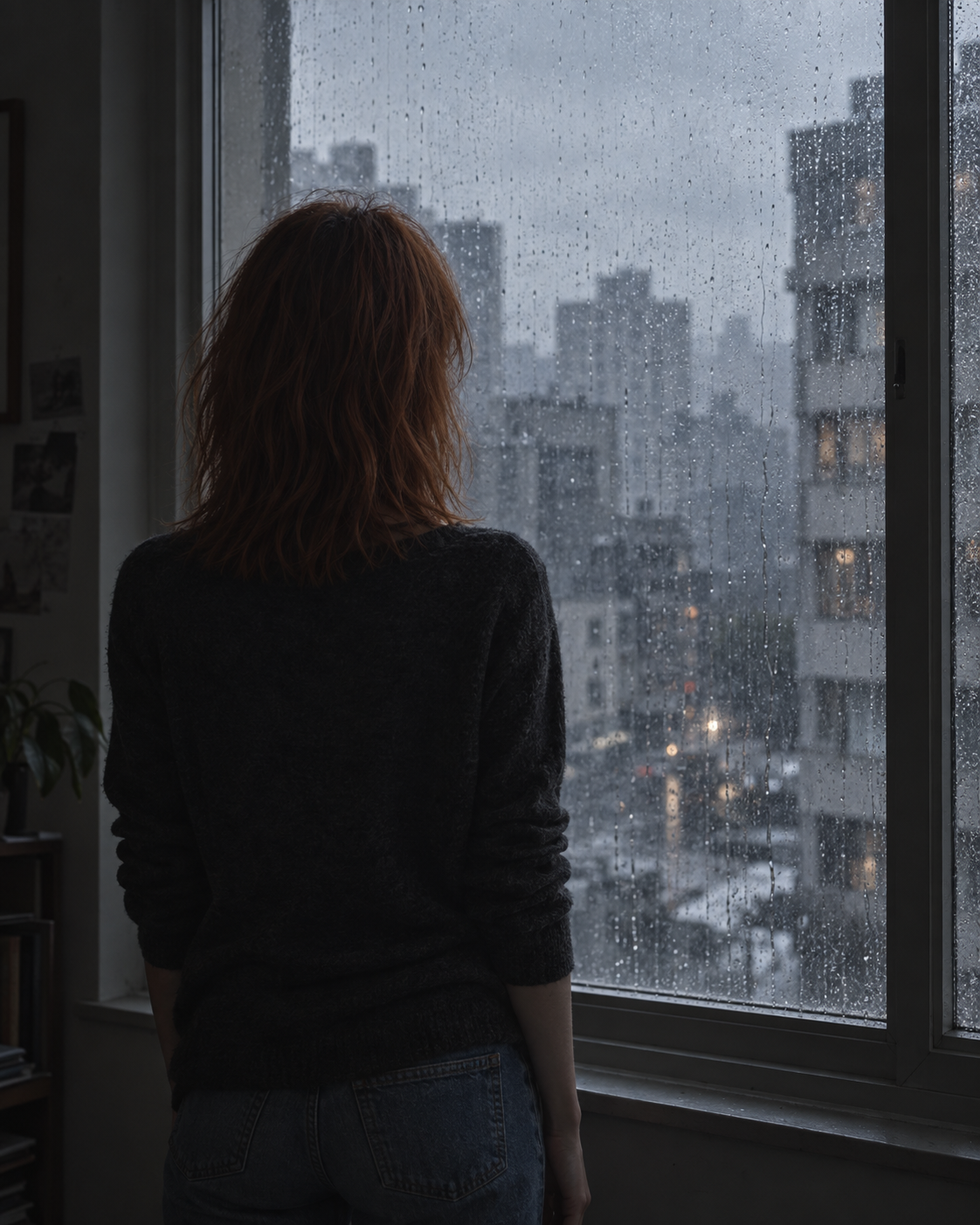 Ana de espaldas y a contraluz ante una ventana con lluvia, mirando edificios grises.