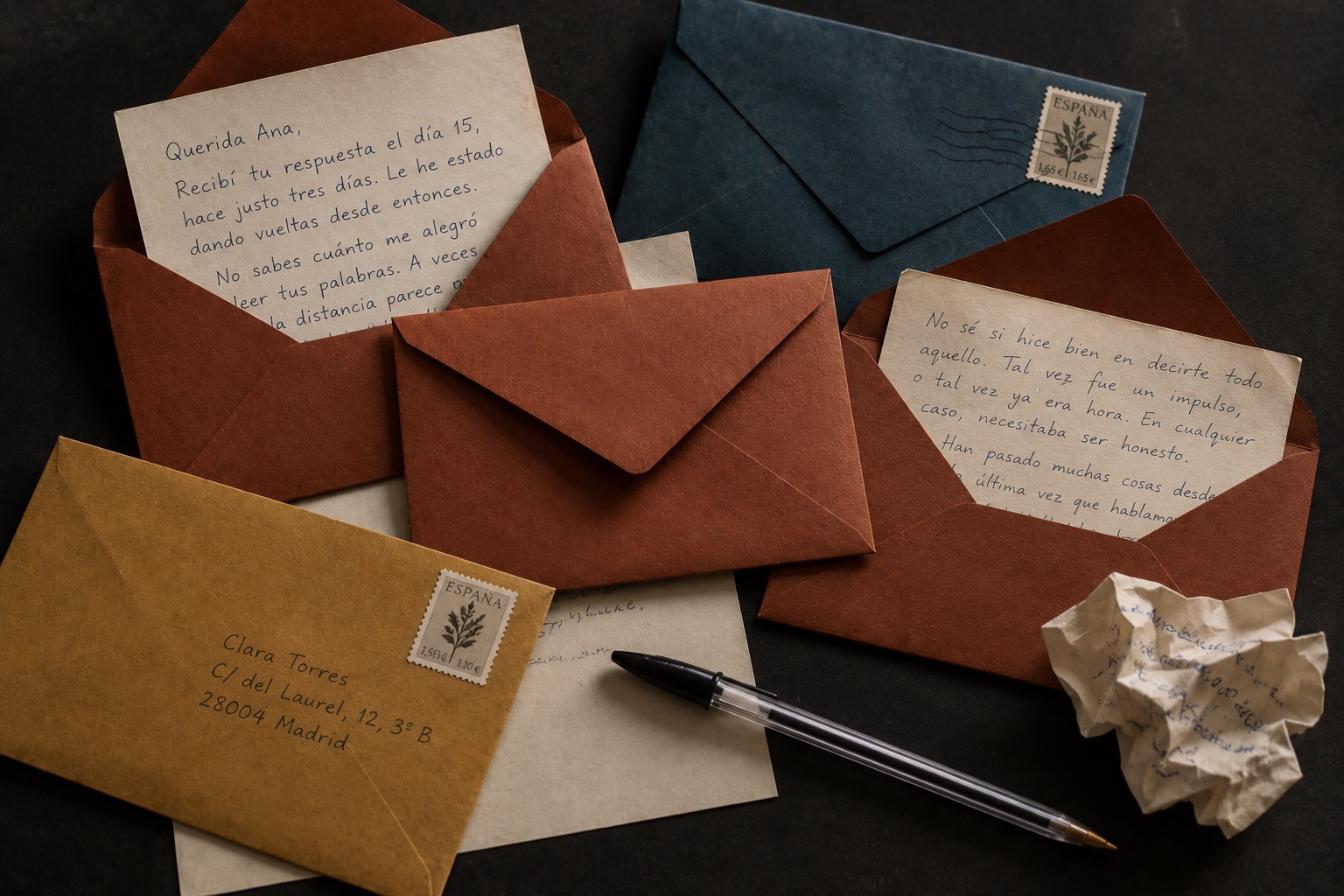 Composición de cartas manuscritas, sobres de colores y un bolígrafo sobre una mesa