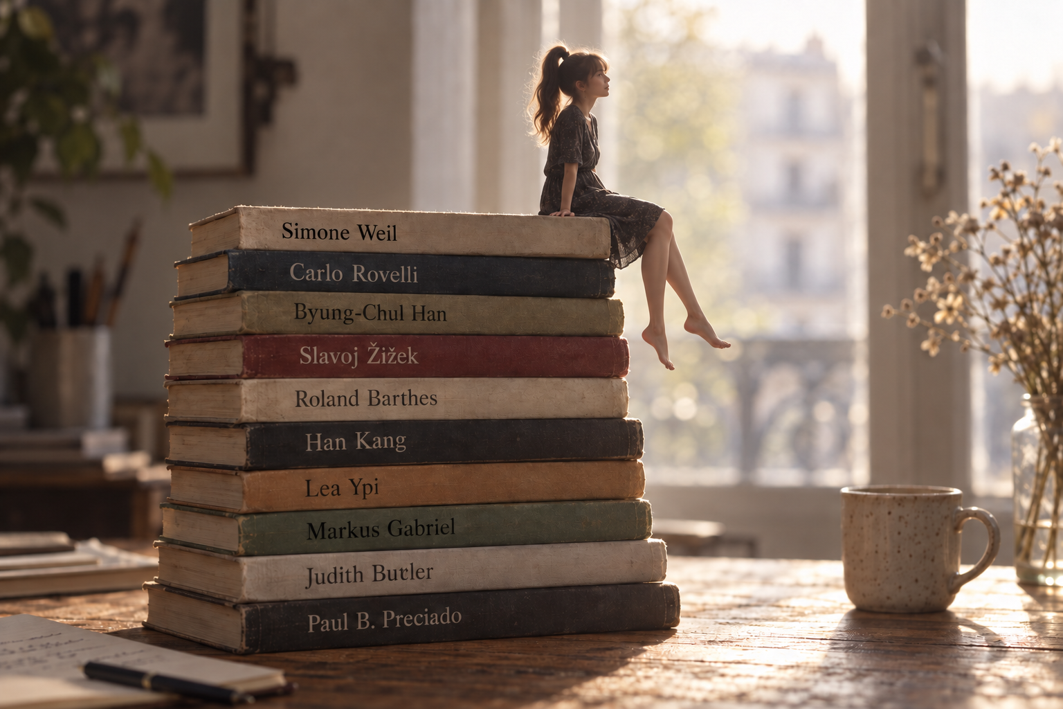 Ana en miniatura, sentada de perfil sobre una pila de libros de sus autores favoritos, con las piernas colgando y la luz de una ventana a su espalda.