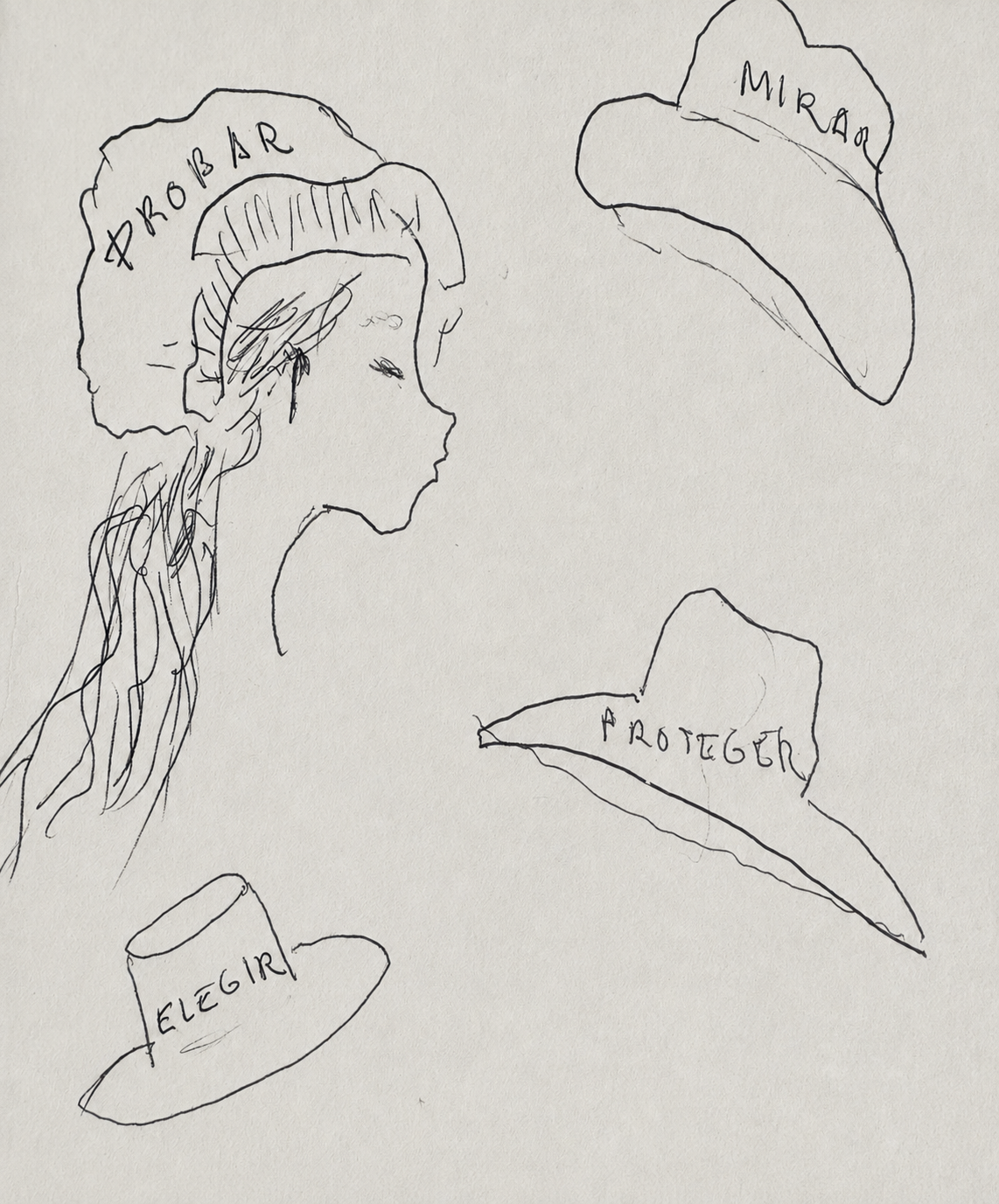 Dibujo de una mujer de perfil y cuatro sombreros con los verbos Probar, Mirar, Proteger y Elegir