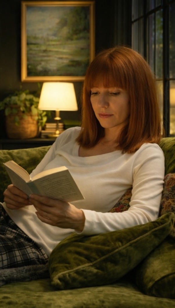 Ana leyendo un libro en un sofá junto a una lámpara encendida